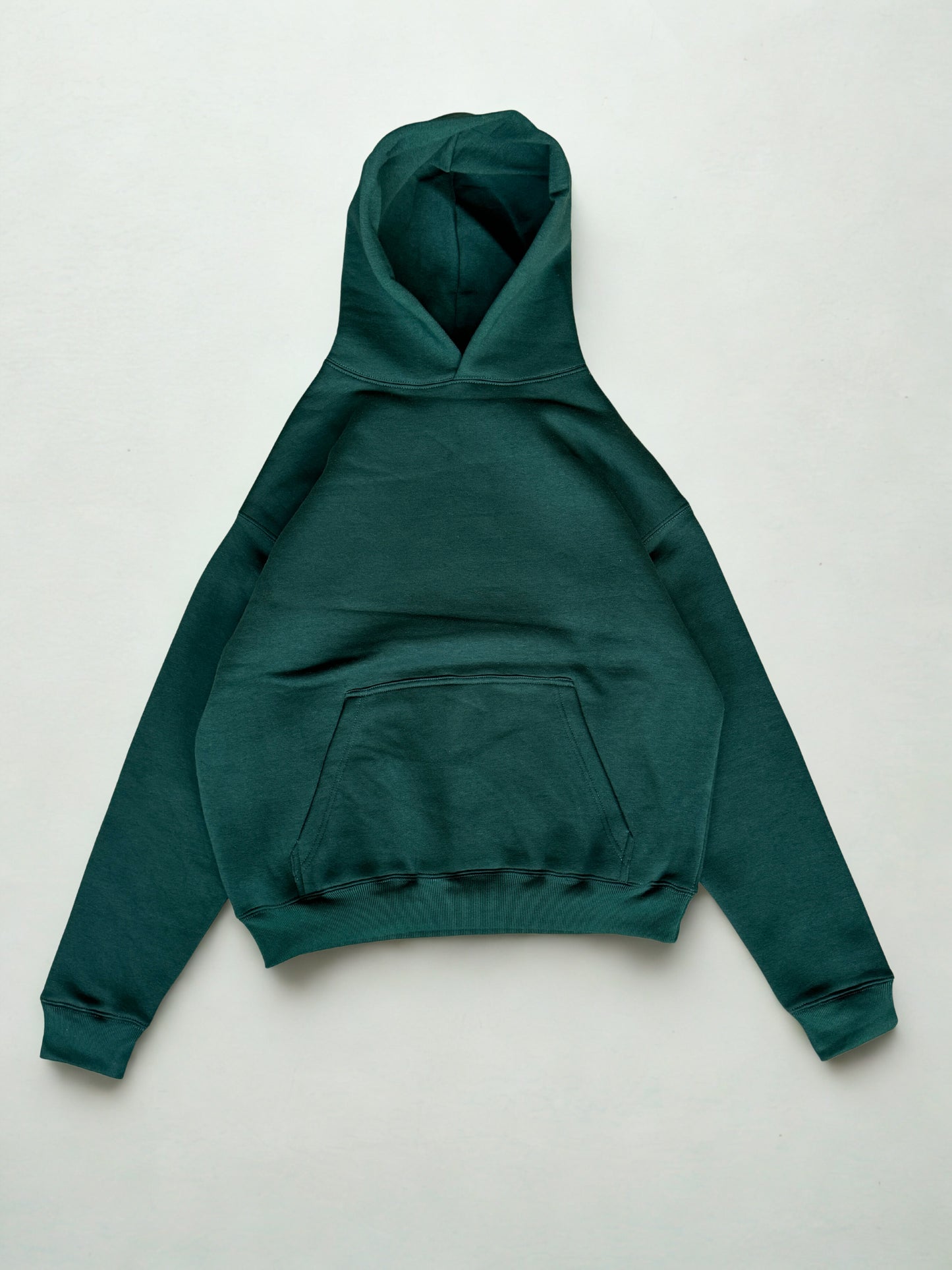 Forest green streetwear oversized hoodie 500gsm heavyweight brushed fleece wide sleeves