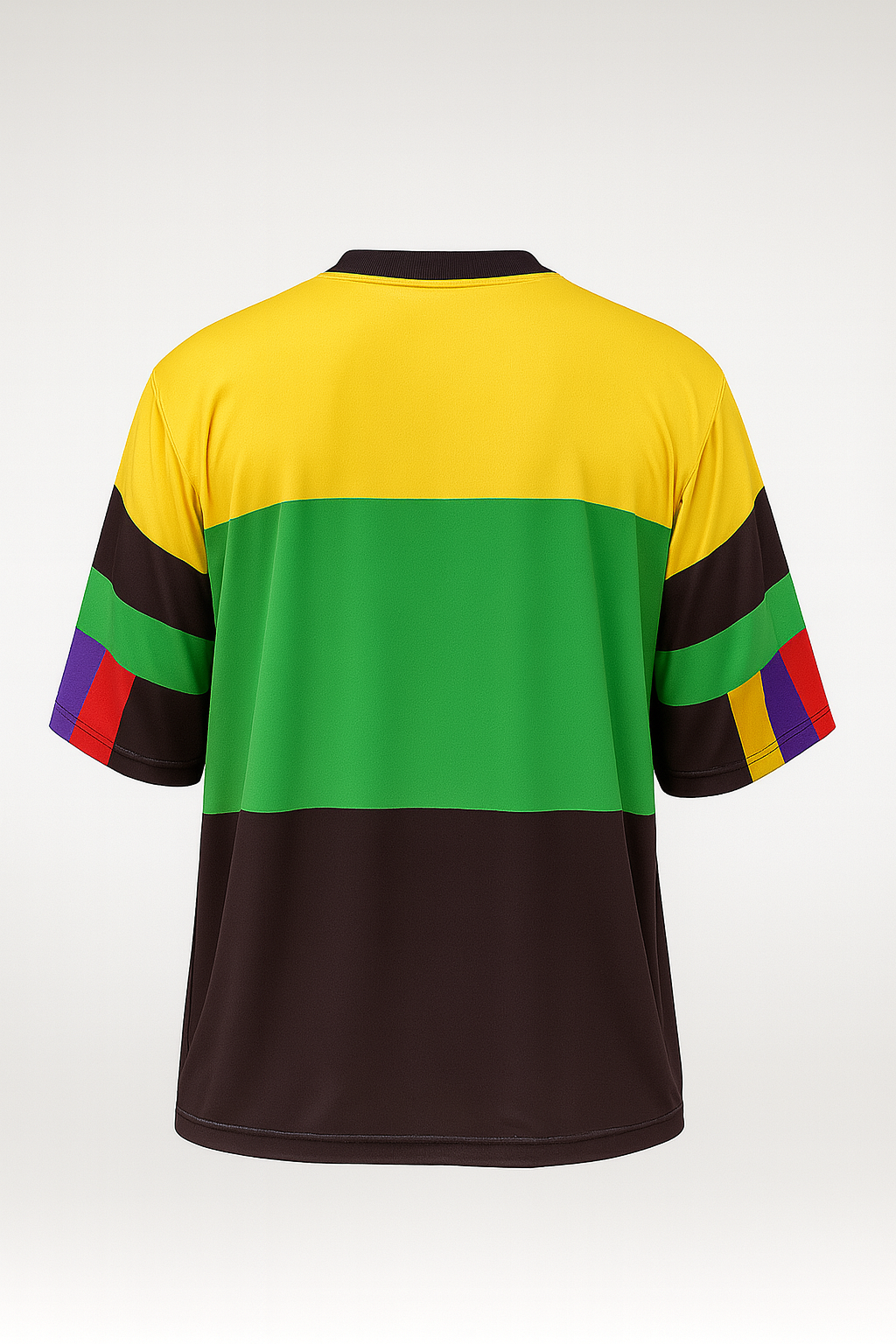 Colorful sports jersey with a yellow, green, black, red, and blue design on a white background